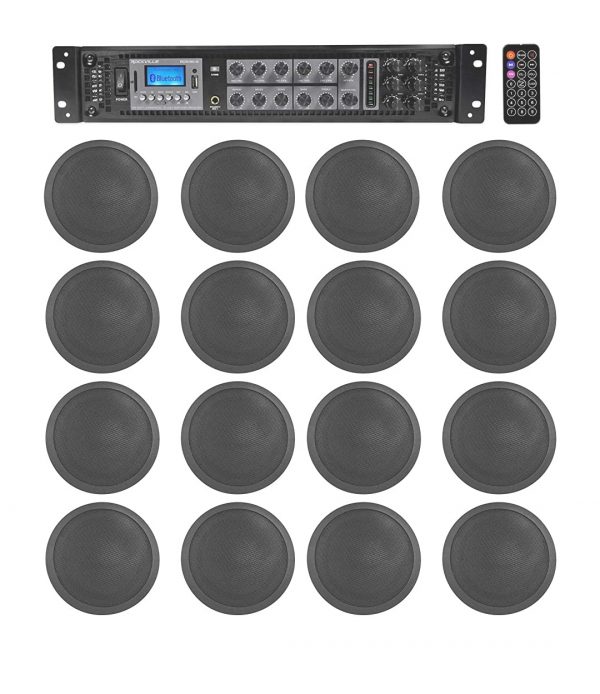 6-Zone Amp+16 Black 6" Ceiling Speakers for Restaurant/Bar/Cafe/Office